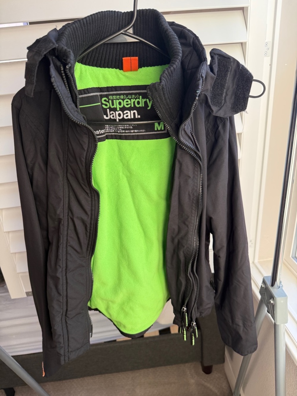 Superdry Windcheater Men's Black Windbreaker with Bright Green Fleece Lining